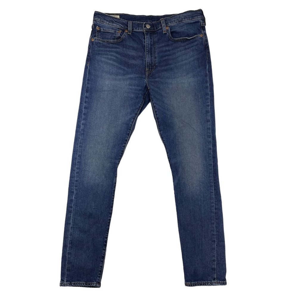 Levis Premium Mens Skinny Taper Jeans Size 36x32 Blue Distressed Dark Stretch